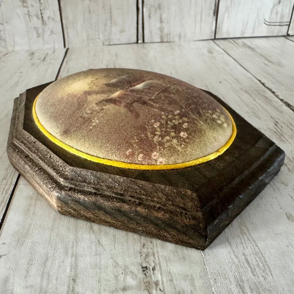 Vintage 70s Wood Octagon Wall Art Set of 2 Beaded Glass Cabin Mailbox Landscape